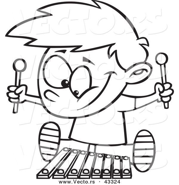 Vector of a Happy Cartoon Boy Playing a Xylophone - Coloring Page Outline