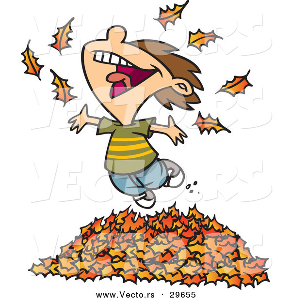 Vector of a Happy Cartoon Boy Playing in a Pile of Raked Autumn Leaves
