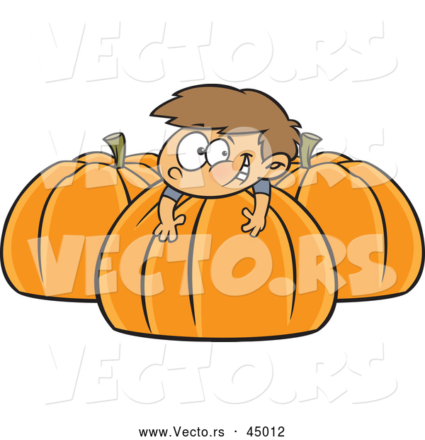 Vector of a Happy Cartoon Boy Playing on Big Pumpkins