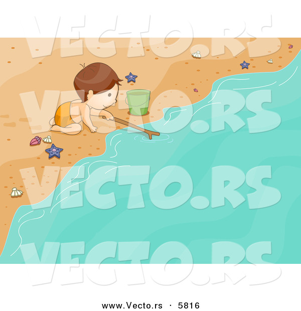 Vector of a Happy Cartoon Boy Playing with a Stick and Beach Water
