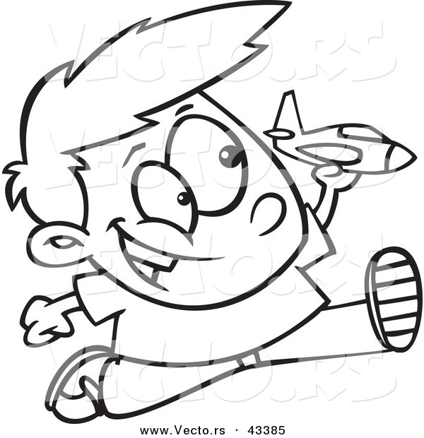Vector of a Happy Cartoon Boy Playing with a Toy Jet While Running - Coloring Page Outline