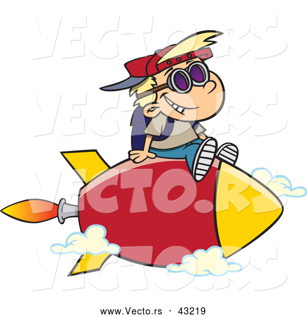 Vector of a Happy Cartoon Boy Riding on a Big Red Rocket