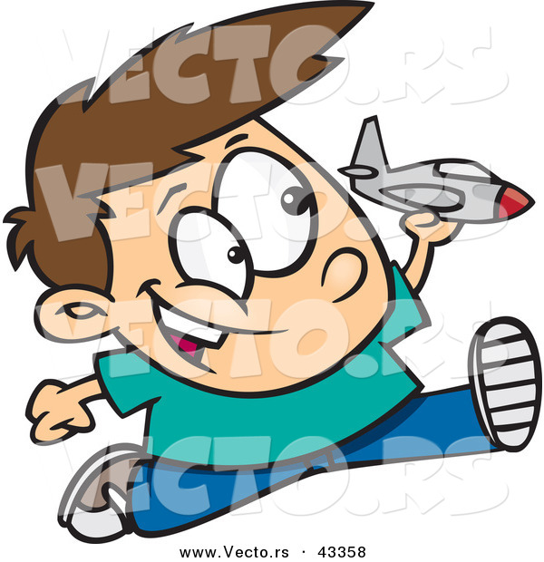 Vector of a Happy Cartoon Boy Running and Playing with a Toy Jet Airplane