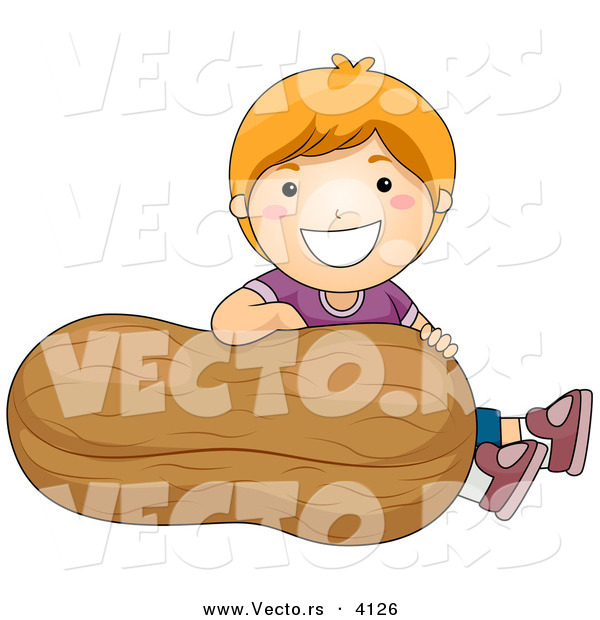 Vector of a Happy Cartoon Boy Sitting Behind a Huge Peanut - Coloring Page Outline