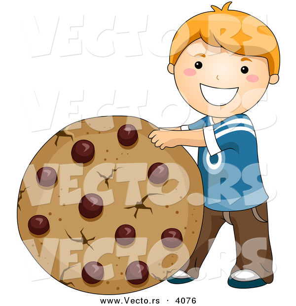 Vector of a Happy Cartoon Boy Standing Beside Giant Chocolate Chip Cookie