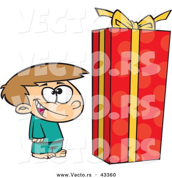 Vector of a Happy Cartoon Boy Standing by a Large Wrapped Present