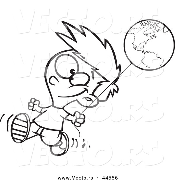 Vector of a Happy Cartoon Boy Walking with an Earth Day Balloon - Coloring Page Outline