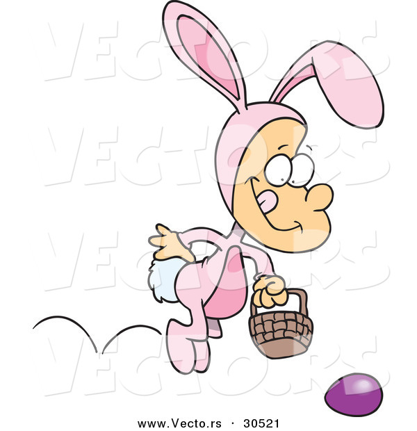 Vector of a Happy Cartoon Boy Wearing Easter Bunny Costume, Hopping Towards a Painted Egg on the Ground