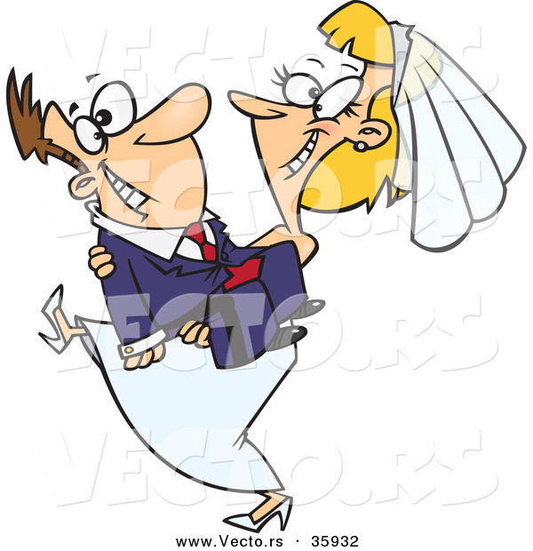 Vector of a Happy Cartoon Bride Carrying Groom