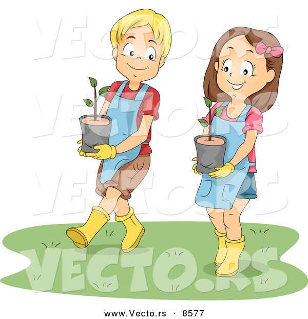 Vector of a Happy Cartoon Brother and Sister Carrying Potted Garden Plants