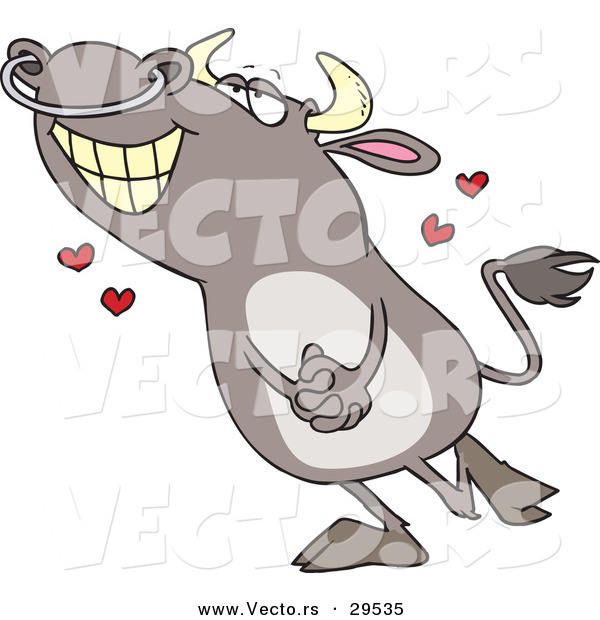 Vector of a Happy Cartoon Bull Infatuated with Love Hearts
