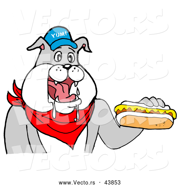 Vector of a Happy Cartoon Bulldog Mascot Eating Hot Dog with Mustard