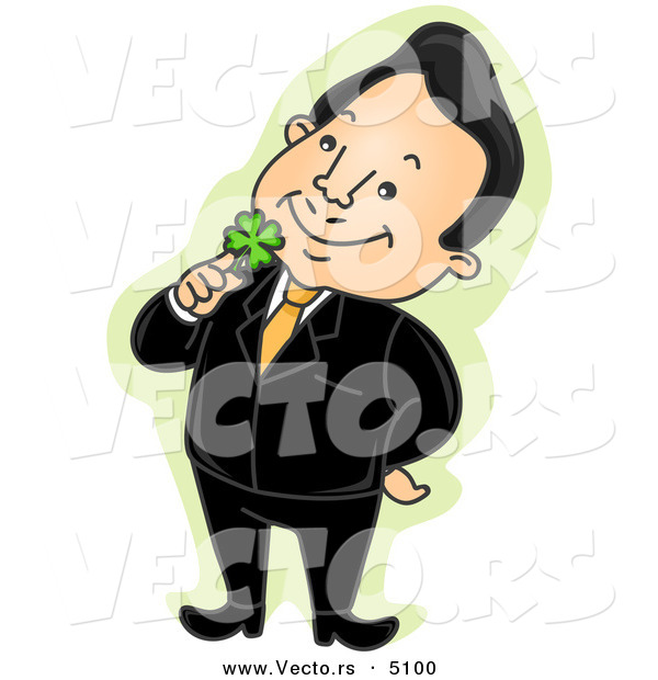 Vector of a Happy Cartoon Businessman Holding a Lucky Shamrock to His Face