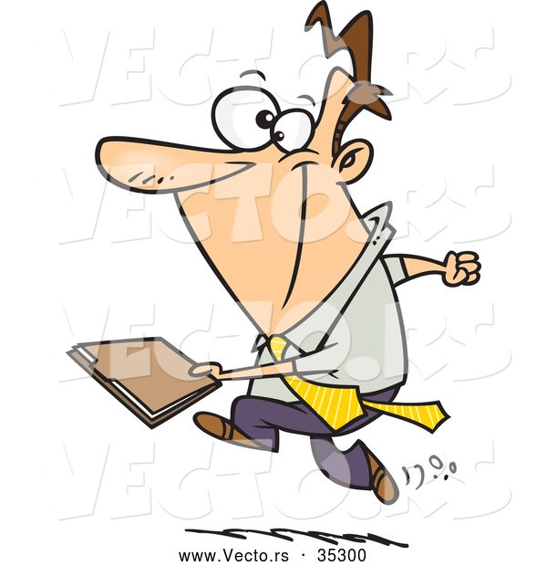Vector of a Happy Cartoon Businessman Running with an Important Folder with Files
