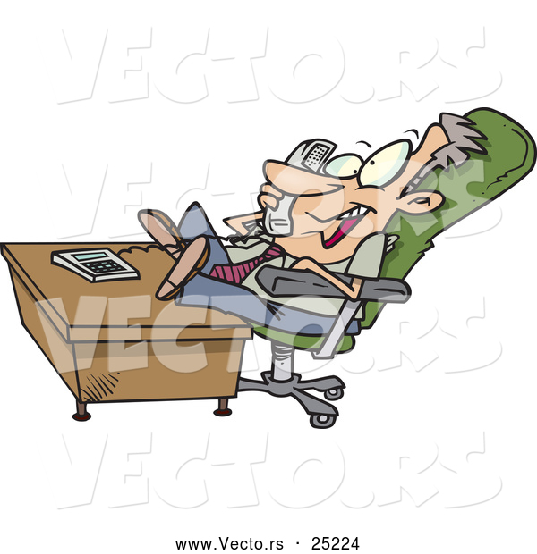 Vector of a Happy Cartoon Businessman Talking on a Phone in His Office
