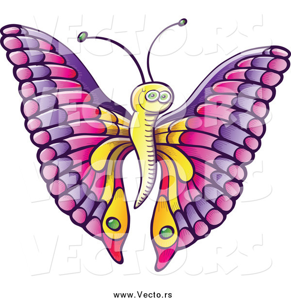 Vector of a Happy Cartoon Butterfly with Pink and Purple Wings and a Yellow Body