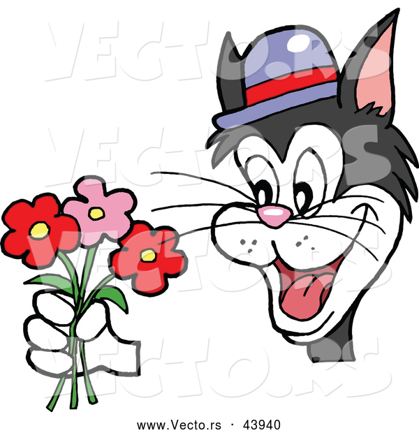 Vector of a Happy Cartoon Cat Offering Pretty Flowers