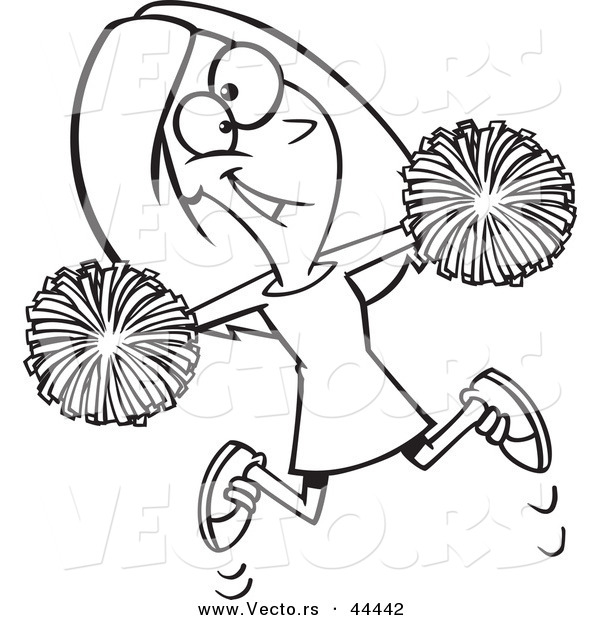Vector of a Happy Cartoon Cheerleader Jumping with Pom Poms - Coloring Page Outline