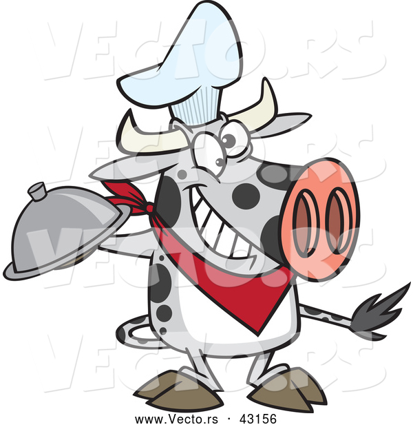 Vector of a Happy Cartoon Chef Cow Holding a Cloche Platter