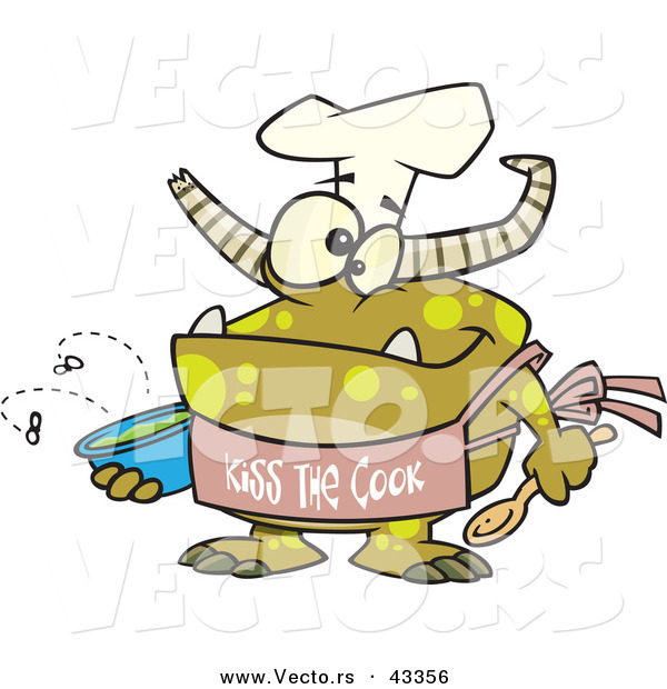 Vector of a Happy Cartoon Chef Monster Wearing a "Kiss the Cook" Apron