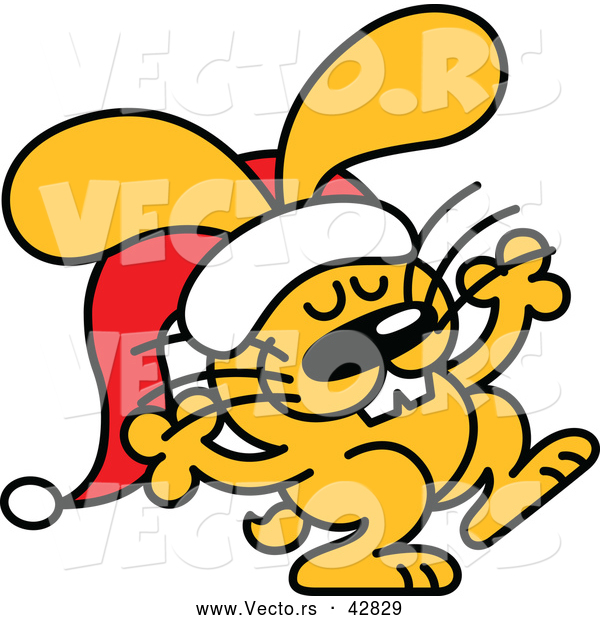 Vector of a Happy Cartoon Christmas Bunny Wearing Santa Hat While Dancing