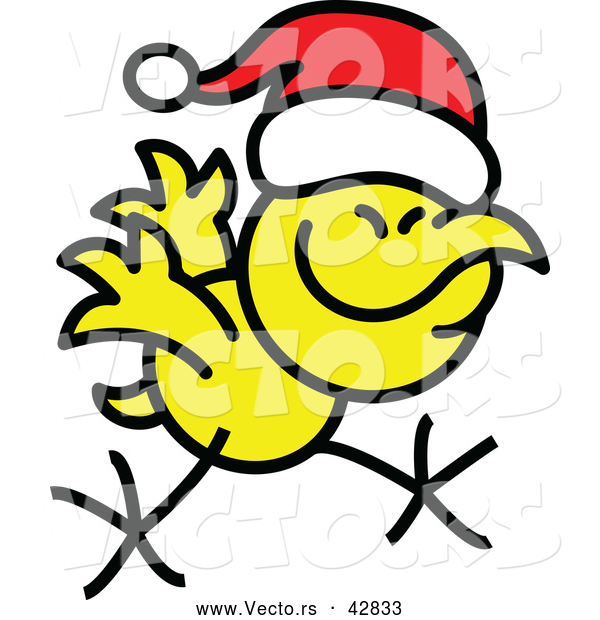 Vector of a Happy Cartoon Christmas Chicken Running While Wearing Santa Hat