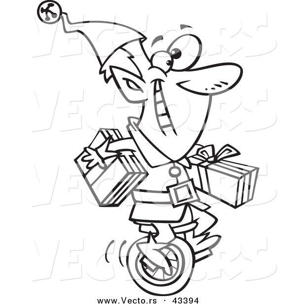 Vector of a Happy Cartoon Christmas Elf Carrying Gifts on a Unicycle - Coloring Page Outline