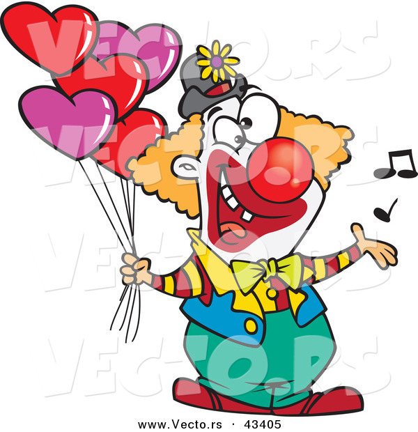 Vector of a Happy Cartoon Clown Singing and Holding Valentines Day Love Heart Balloons