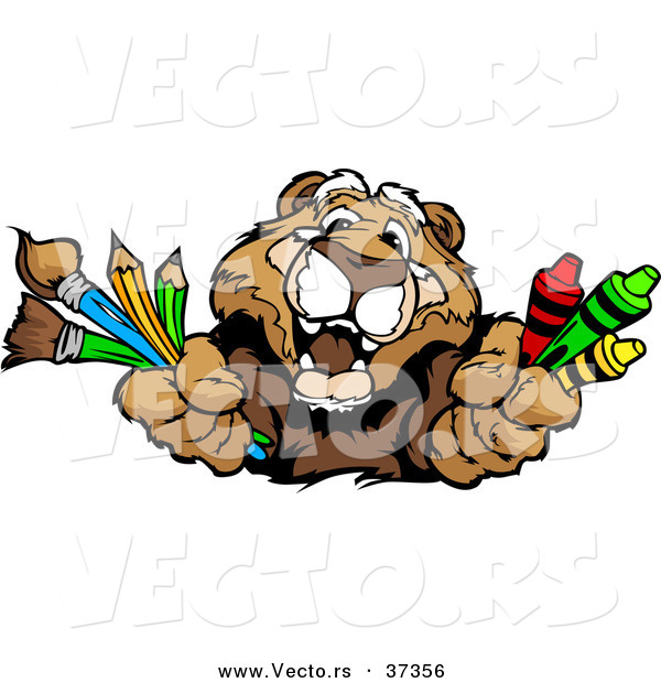 Vector of a Happy Cartoon Cougar Character with Crayons, Paintbrushes, and Pencils