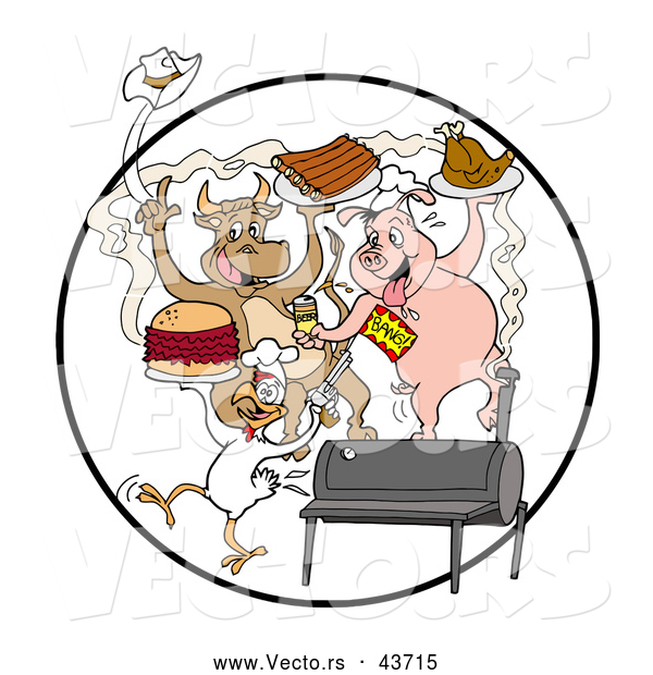 Vector of a Happy Cartoon Cow, Pig and Chicken Celebrating with a BBQ, Eating Bbq Ribs, Burgers and Chicken