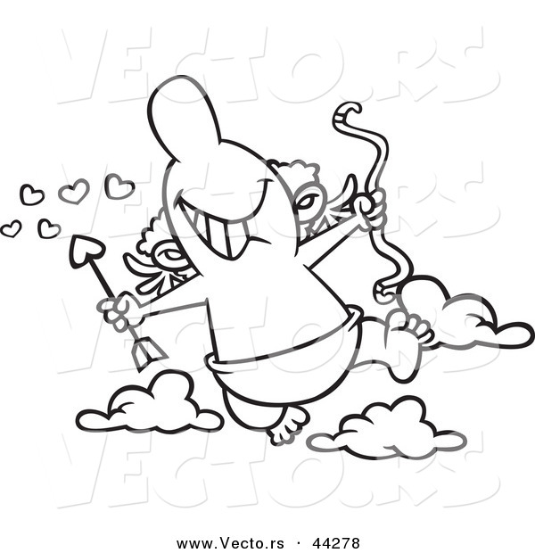 Vector of a Happy Cartoon Cupid Flying with a Bow and Arrow - Coloring Page Outline