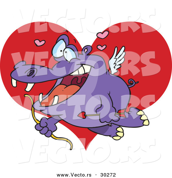 Vector of a Happy Cartoon Cupid Hippo Flying over a Love Heart with a Bow and Arrow