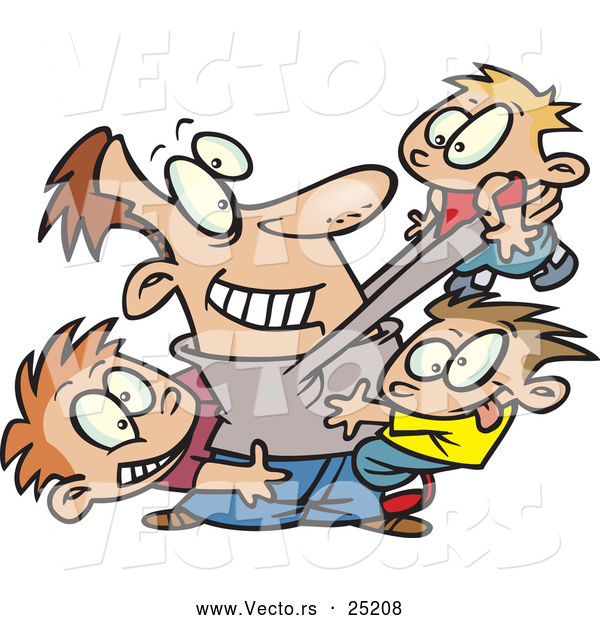 Vector of a Happy Cartoon Dad Playing with Three Sons