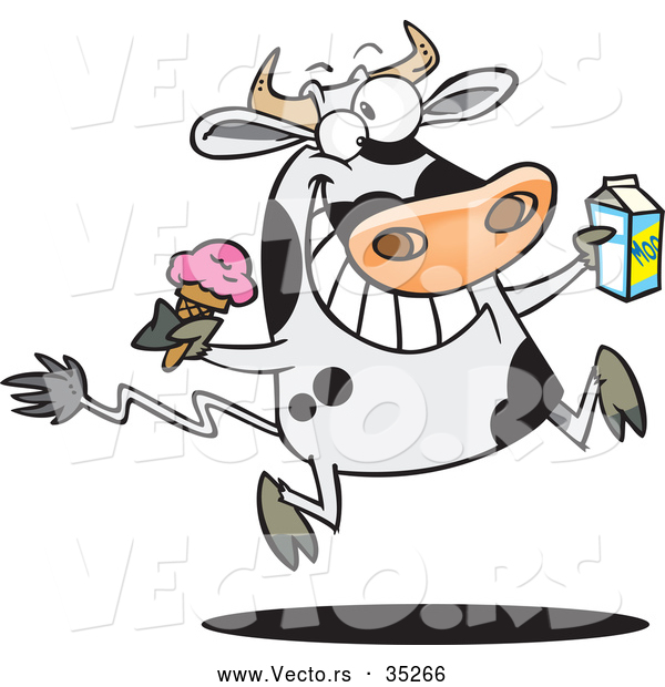 Vector of a Happy Cartoon Dairy Cow Running and Jumping with Ice Cream and a Carton of Milk
