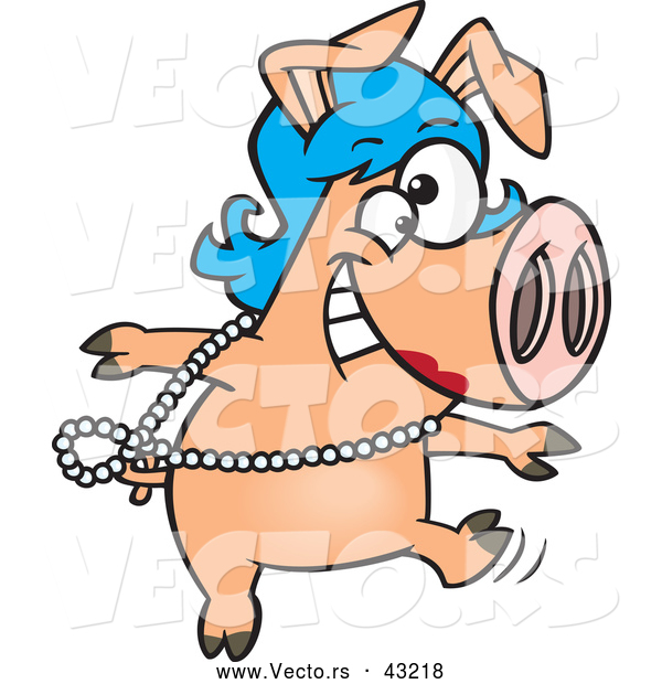 Vector of a Happy Cartoon Dancing Pig Wearing a Wig, Pearl Necklace, and Red Lipstick