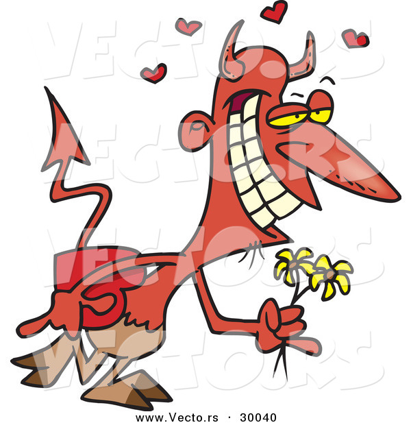 Vector of a Happy Cartoon Devil with Candy, Flowers, and Love Hearts