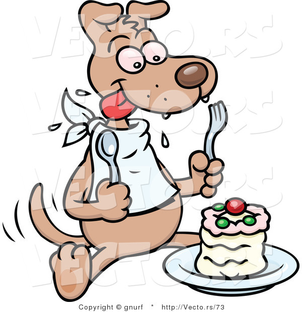 Vector of a Happy Cartoon Dog Eating a Cake