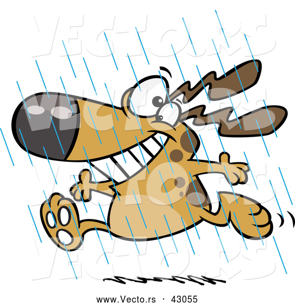 Vector of a Happy Cartoon Dog Running in the Rain