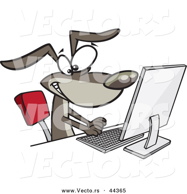 Vector of a Happy Cartoon Dog Typing at a Computer