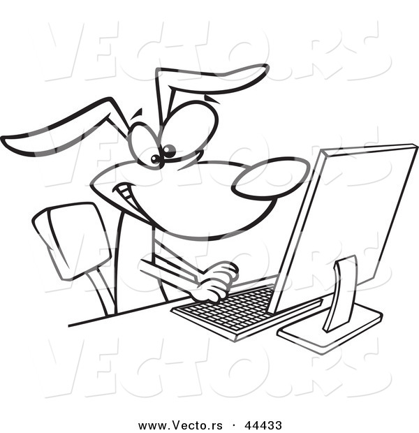 Vector of a Happy Cartoon Dog Typing at a Computer - Coloring Page Outline
