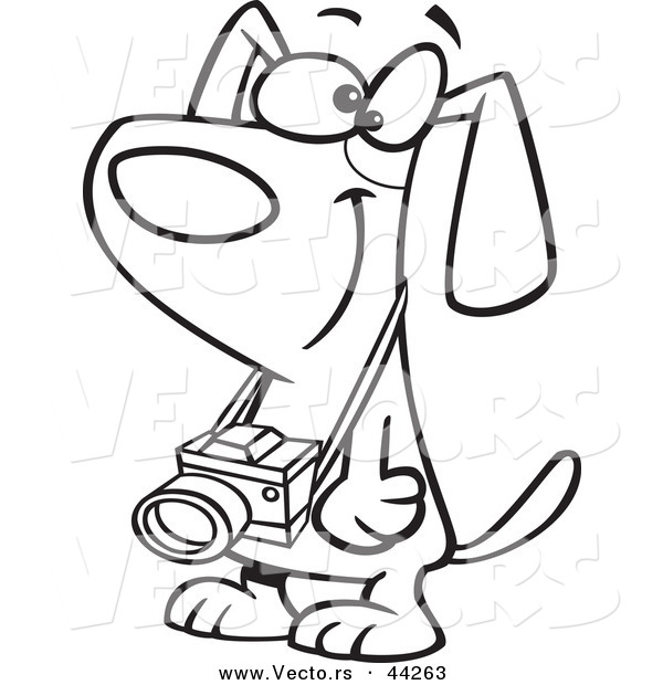 Vector of a Happy Cartoon Dog with a Camera Hanging from His Neck - Coloring Page Outline