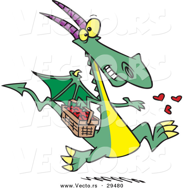 Vector of a Happy Cartoon Dragon Spreading Love Hearts Around While Running