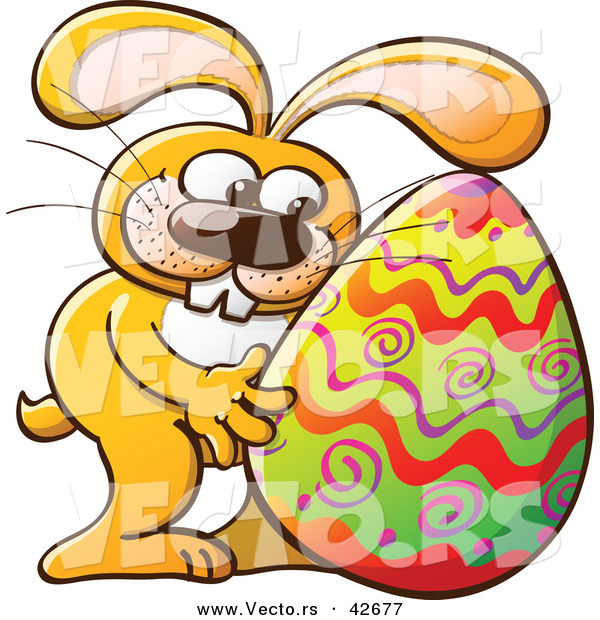 Vector of a Happy Cartoon Easter Bunny Hugging a Painted Egg