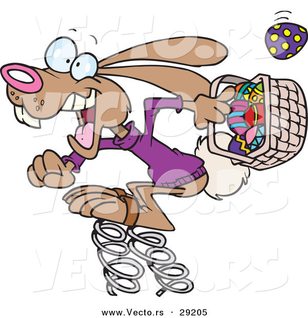 Vector of a Happy Cartoon Easter Bunny Jumping on Springs with Easter Basket Full of Eggs