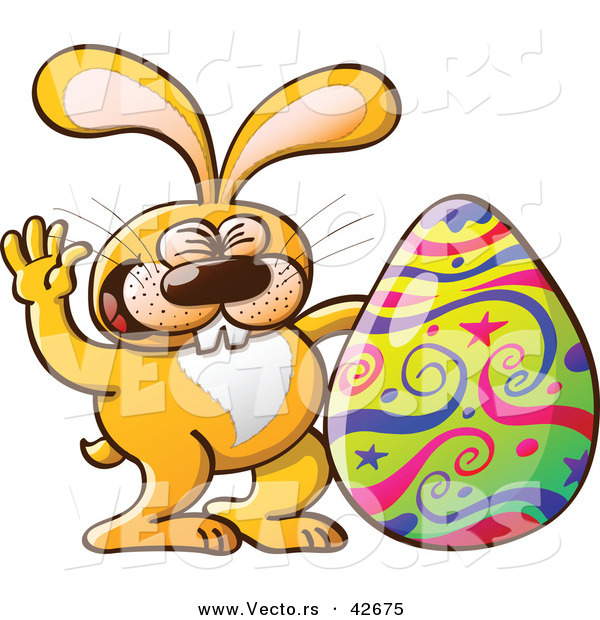 Vector of a Happy Cartoon Easter Bunny Waving Hello Beside a Painted Egg