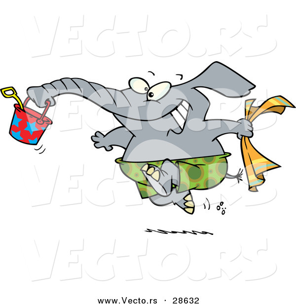 Vector of a Happy Cartoon Elephant Running to the Beach with a Bucket and Towel
