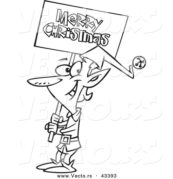 Vector of a Happy Cartoon Elf Carrying a Merry Christmas Sign - Coloring Page Outline