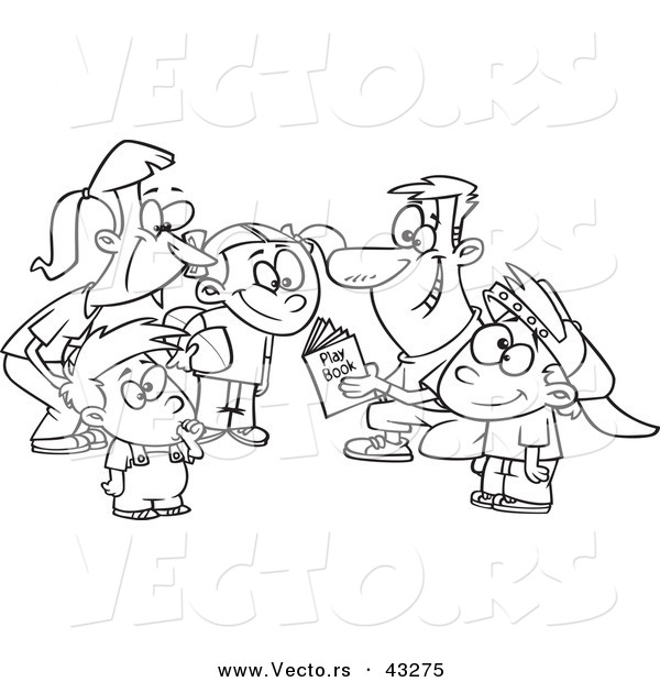 Vector of a Happy Cartoon Family Huddling Together While Going over a Football Play Book - Coloring Page Outline
