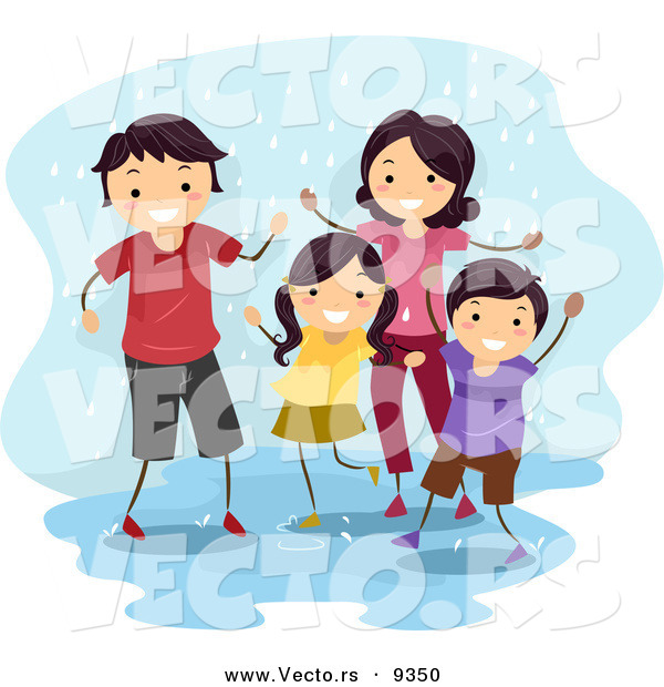 Vector of a Happy Cartoon Family Playing in a Water Puddle While It Is Raining