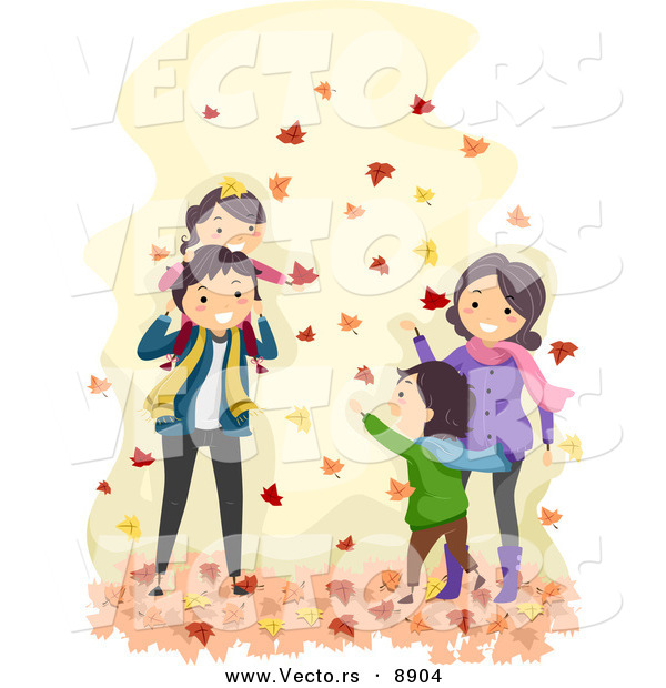 Vector of a Happy Cartoon Family Playing in Autumn Leaves
